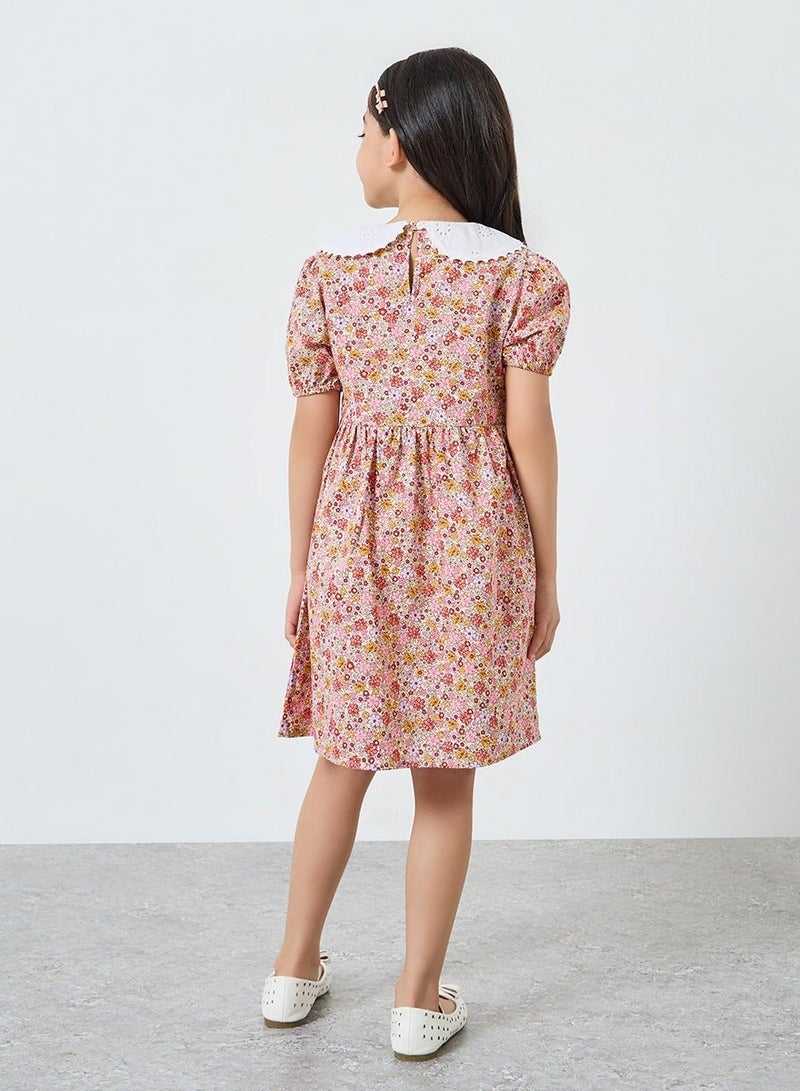 Styli Girls Pink Floral Print Puff Sleeve Dress - Image 4